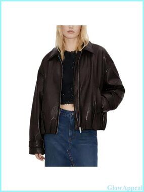 Oversized Faux Leather Bomber Jacket Zip-Up Aviator Flight Coat Relaxed Fit